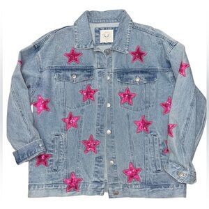 Fantastic Fawn Light Blue Denim Jacket with Hot Pink Sequin Stars (fits like L)
